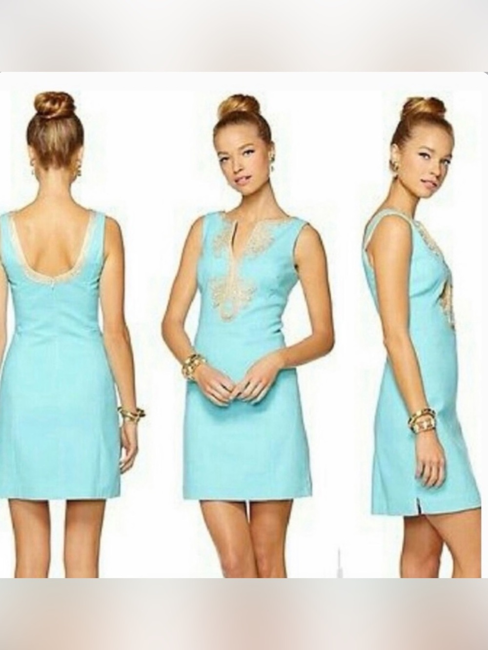 Lilly Pulitzer Aqua Sleeveless Gold Embroidered Shift Dress